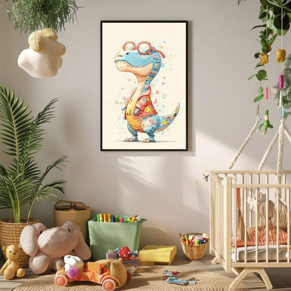 Wadi Home whimsical T-Rex dinosaur art with glasses, watercolor style, butterflies, in a child's nursery.