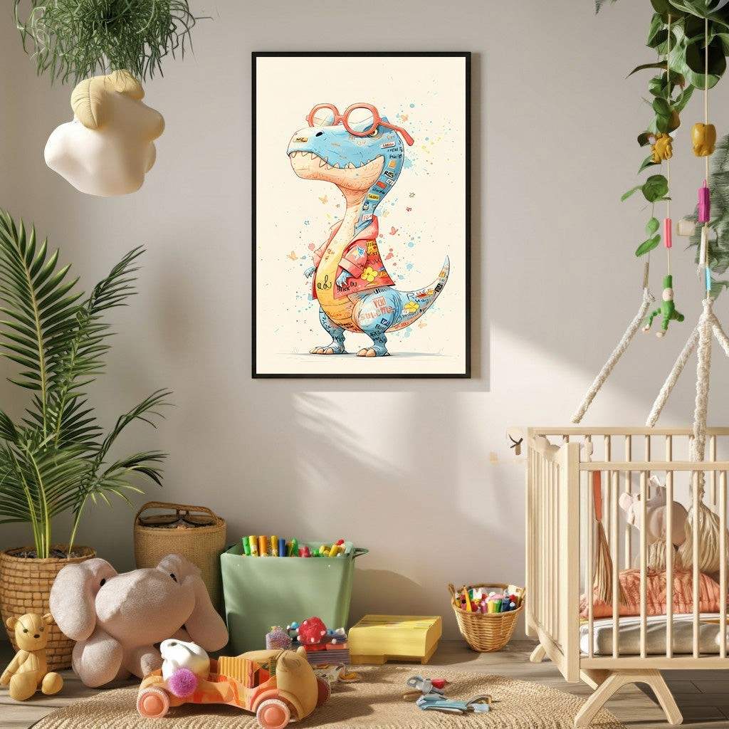Wadi Home whimsical T-Rex dinosaur art with glasses, watercolor style, butterflies, in a child's nursery.