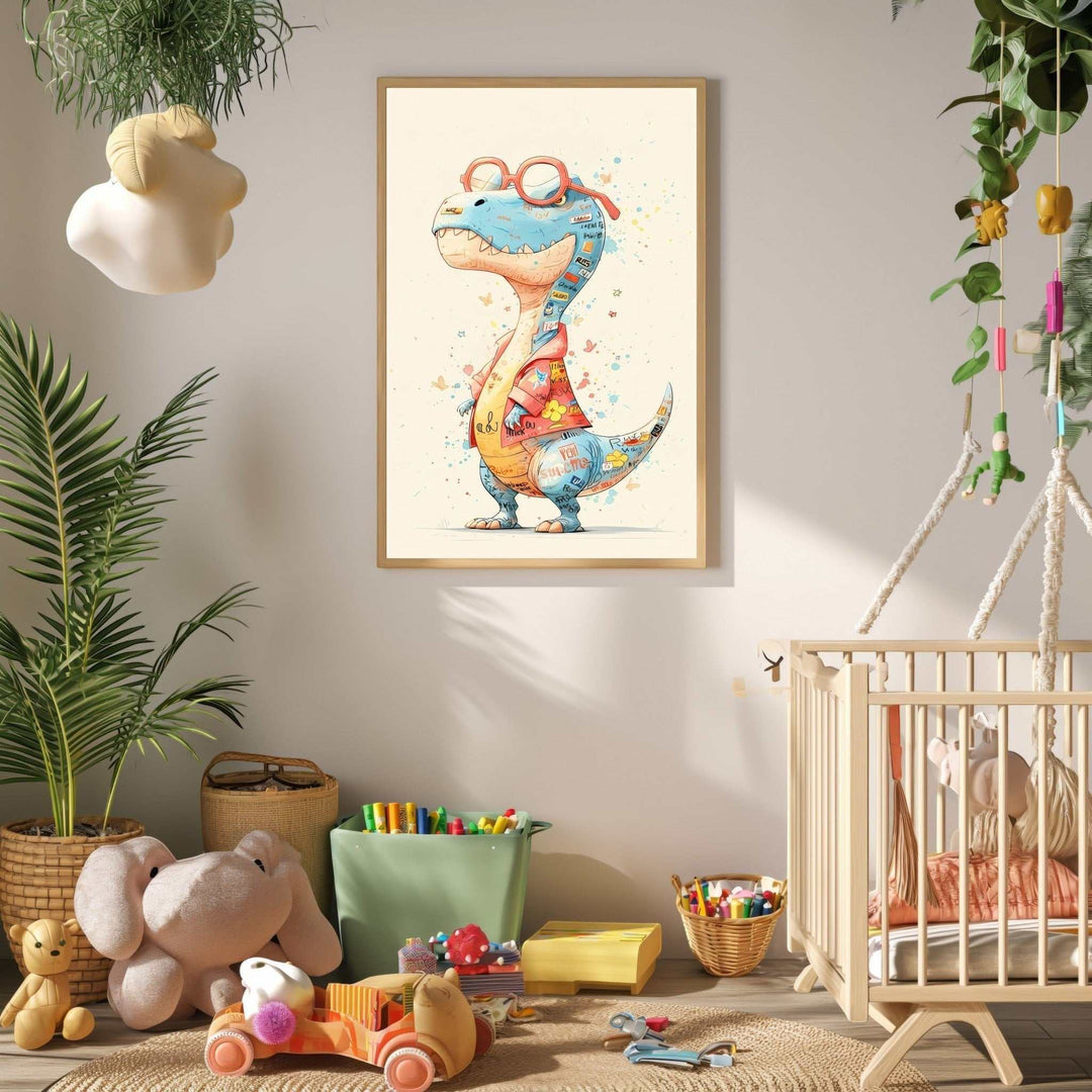 Wadi Home whimsical blue T-Rex dinosaur wearing glasses and a colorful shirt, watercolor art for nursery.