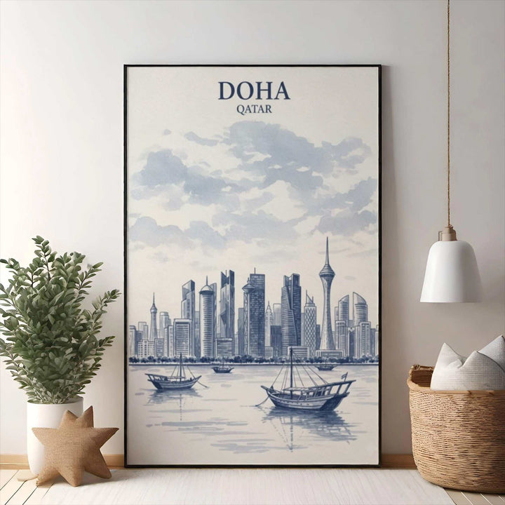 Wadi Home Doha Qatar skyline art print in blue and white watercolor style, featuring skyscrapers and dhow boats.