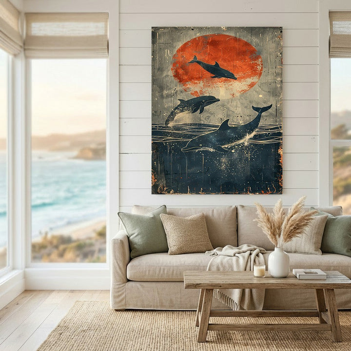 Wadi Home framed wall art featuring dolphins leaping before a large crimson sun in a moody ocean scene.