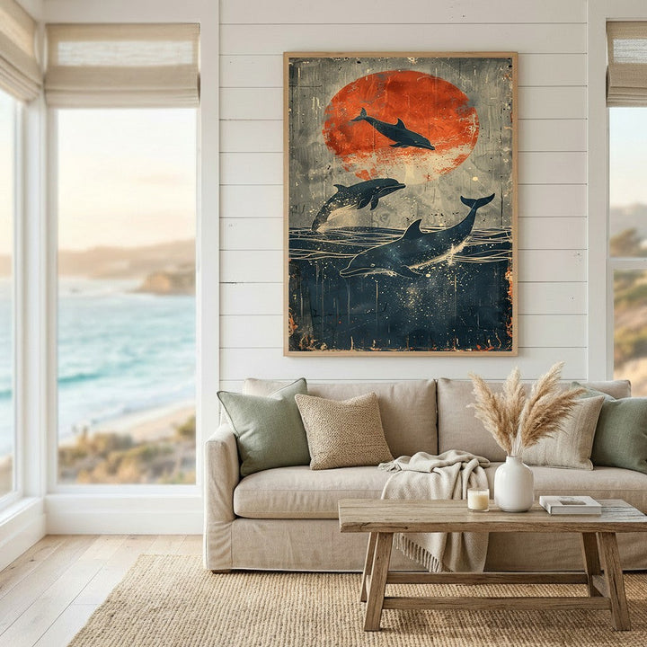 Wadi Home framed wall art featuring three dolphins leaping before a large crimson sun in a distressed ocean scene.