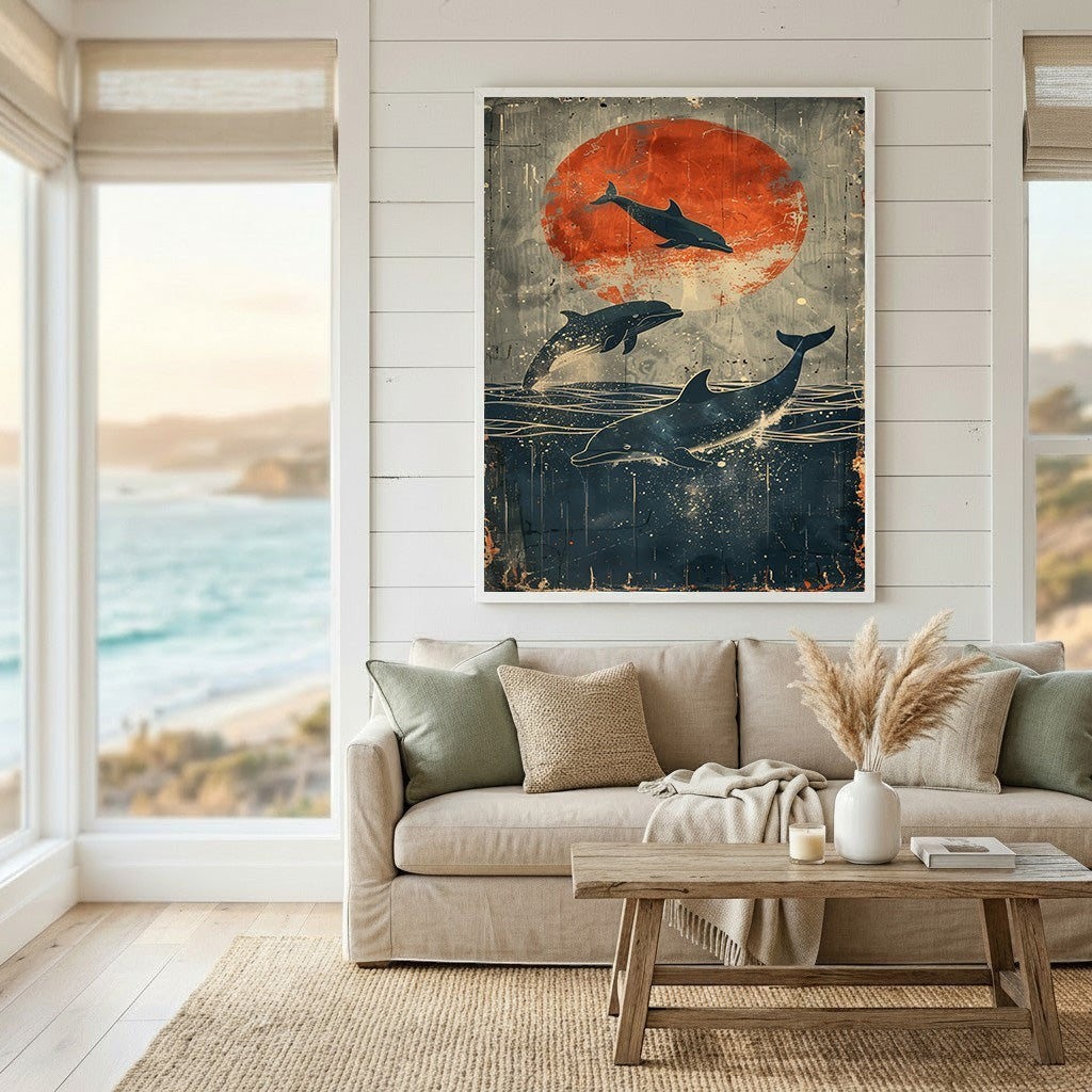 Wadi Home framed wall art featuring three dolphins leaping before a large crimson sun over a textured ocean backdrop.