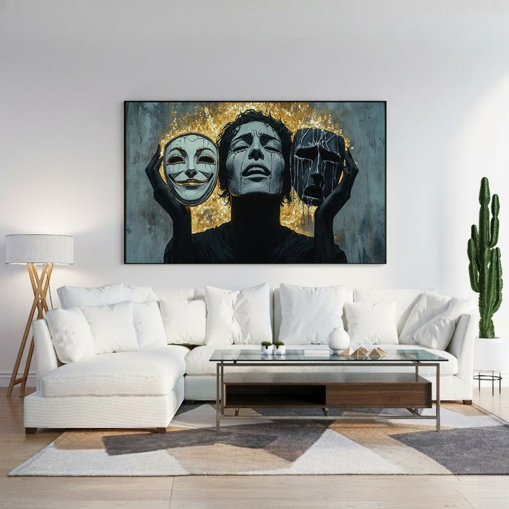 Wadi Home 'The Drama Of Emotions' canvas print features a figure holding contrasting joy and sorrow masks against a textured gold background.