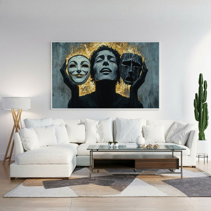 Wadi Home canvas print of a person holding a smiling mask and a crying mask, symbolizing emotional duality. Textured background with gold accents.