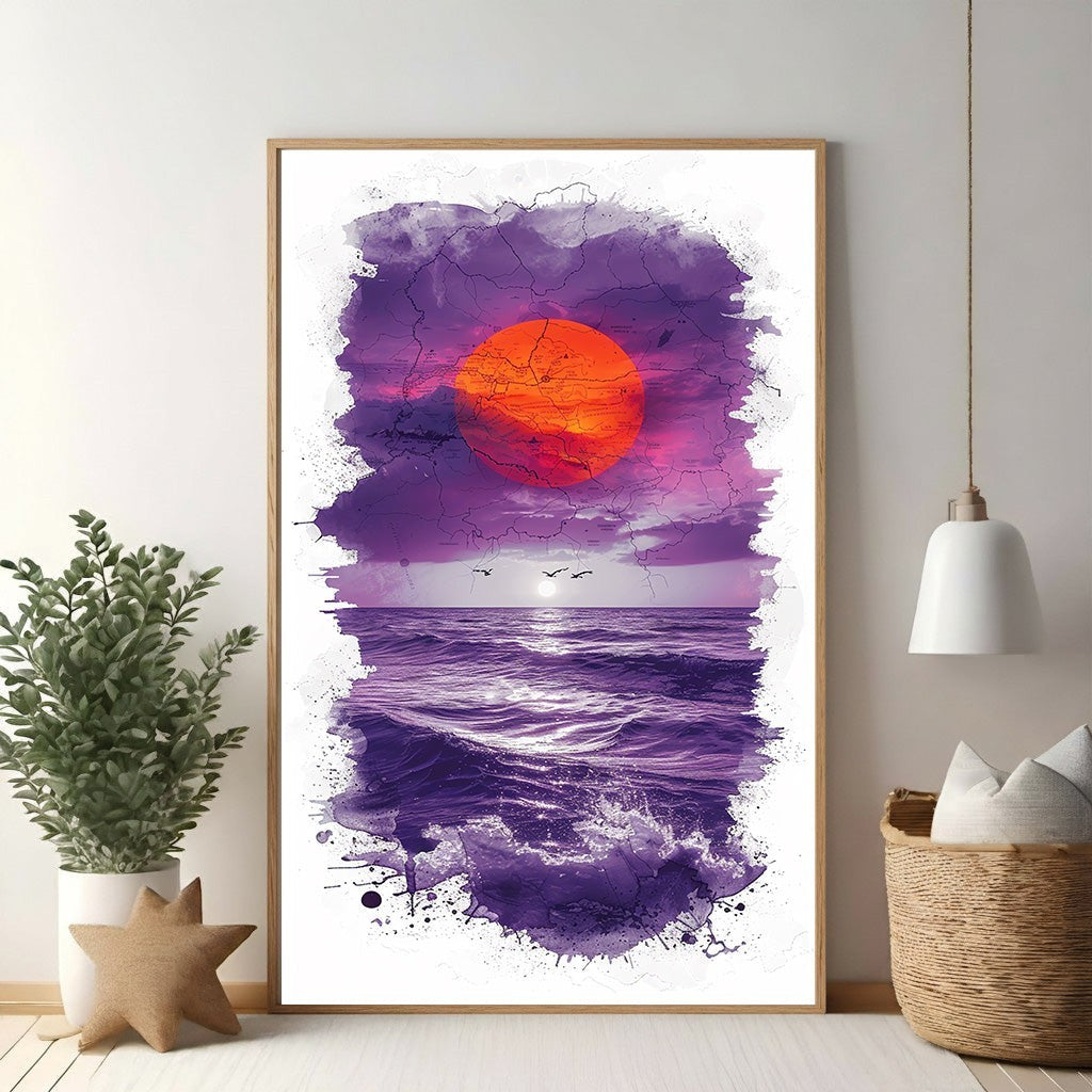 Wadi Home framed wall art depicting a dramatic sunset over a purple ocean with abstract paint splatters.