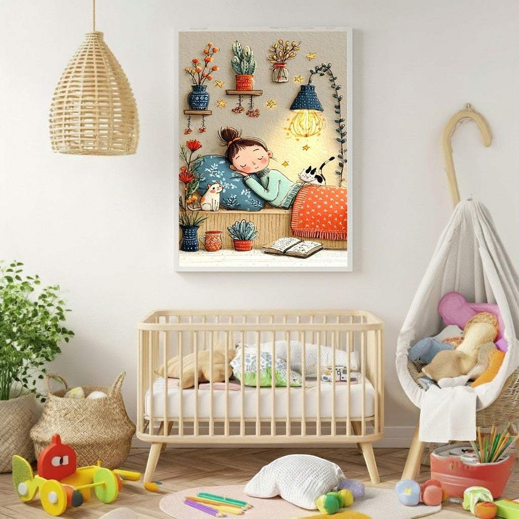 Wadi Home framed wall art of a girl sleeping with cats, surrounded by plants and stars.