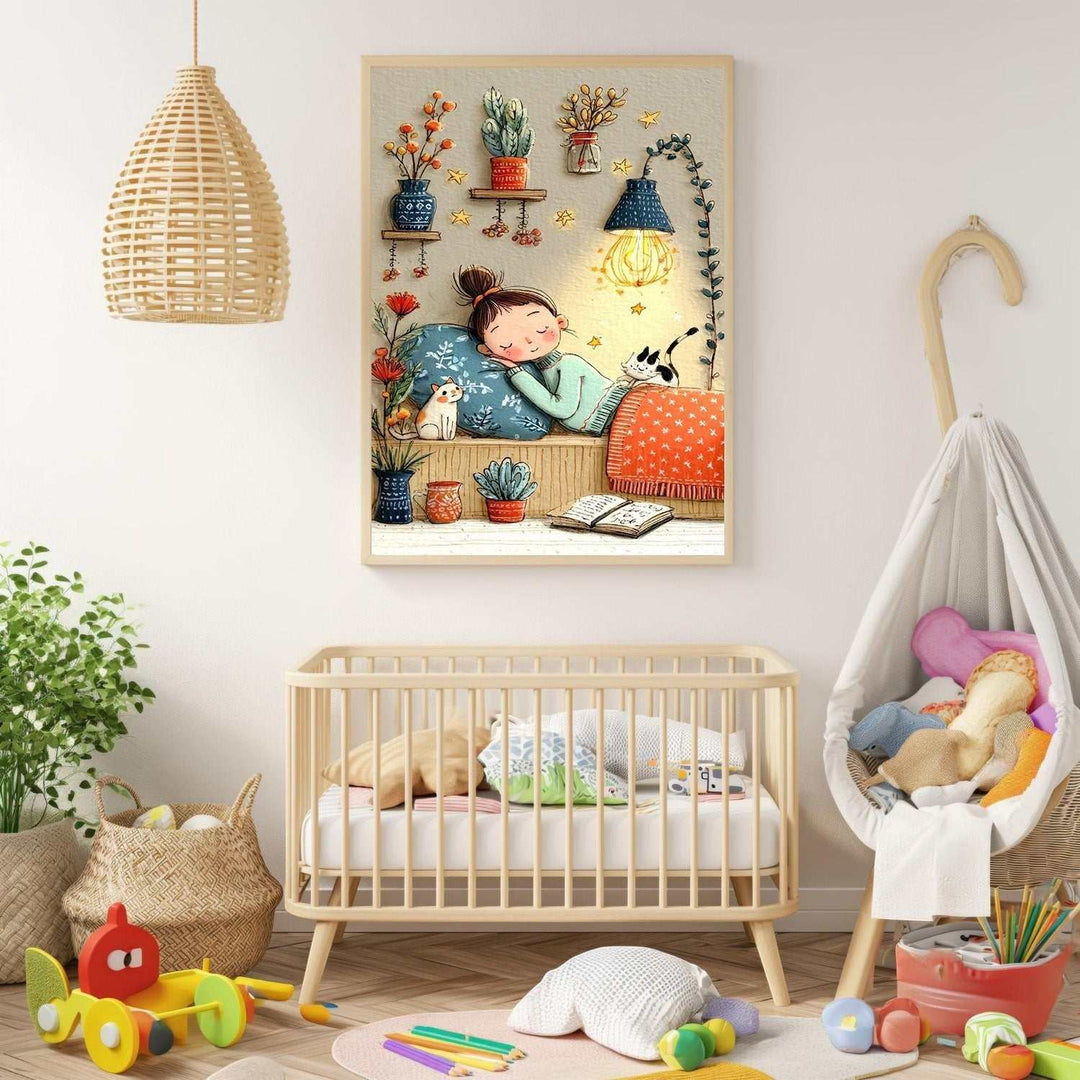 Wadi Home framed wall art of a girl sleeping with cats, surrounded by plants and stars, in a nursery setting.