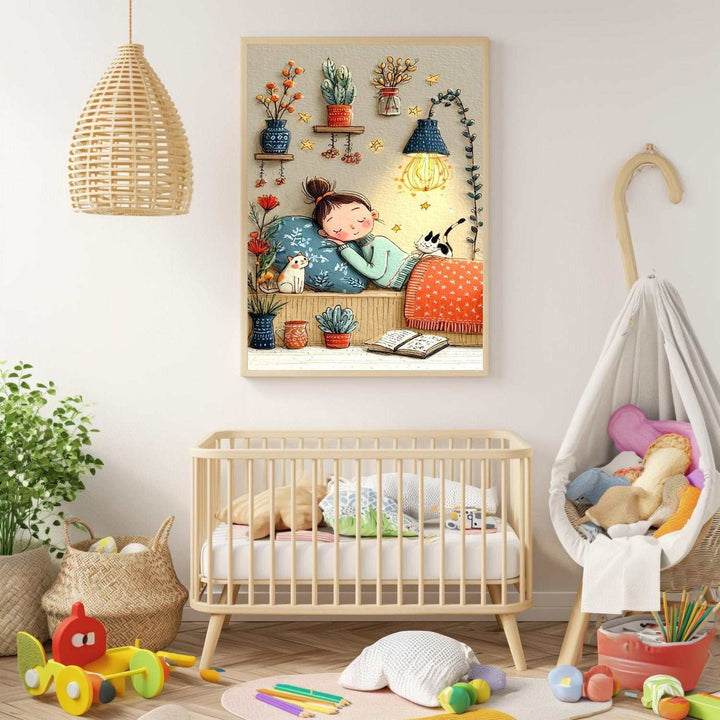 Wadi Home framed wall art of a girl sleeping with cats, surrounded by plants and stars, in a nursery setting.