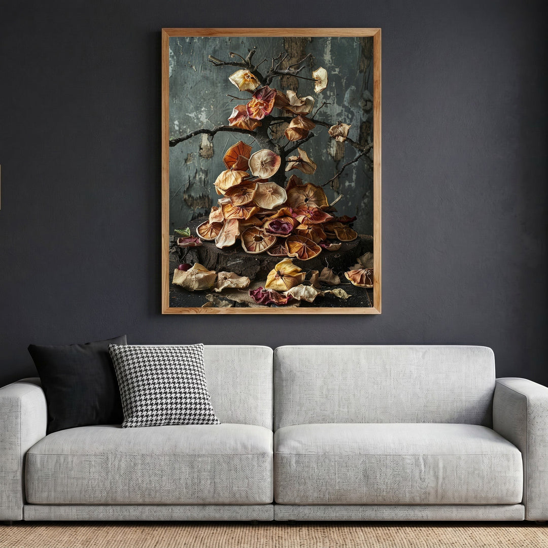 Wadi Home framed dried botanical still life art print featuring earthy tones above a modern grey sofa.