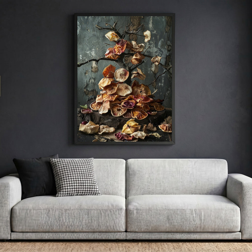 Wadi Home dried botanical still life framed wall art featuring earthy, muted tones hanging above a modern grey sofa.