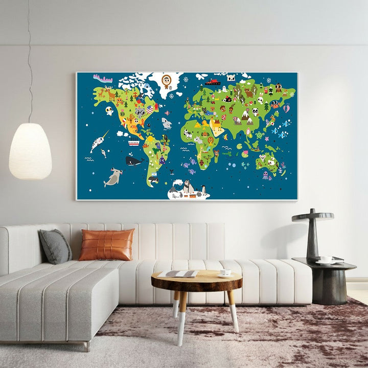Wadi Home educational world map wall art with colorful animal illustrations hanging above a modern living room sofa.