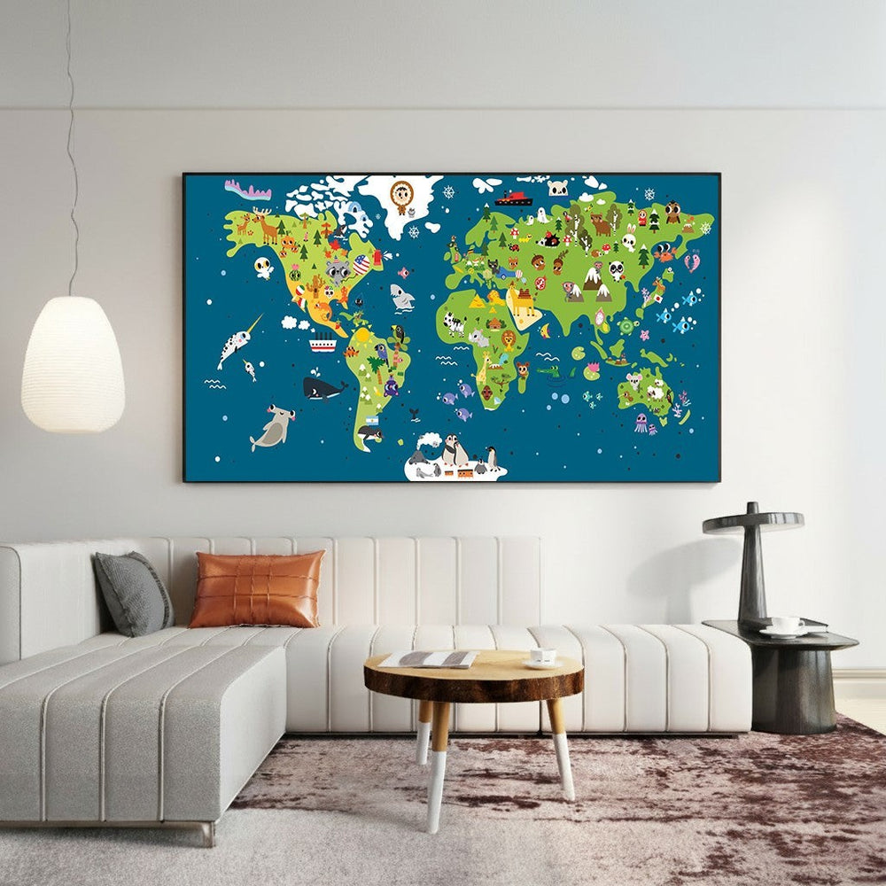 Wadi Home educational world map wall art with colorful animal illustrations hanging above a modern white sofa.
