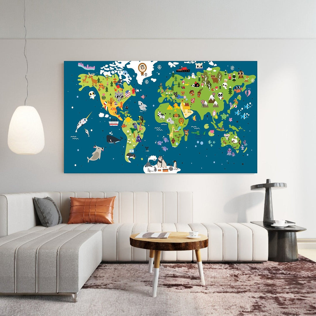 Wadi Home educational world map wall art with colorful animal illustrations hanging above a modern living room sofa.