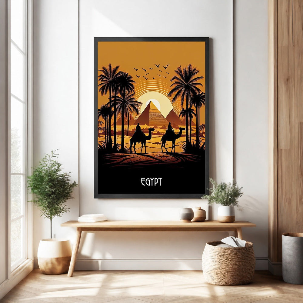 Wadi Home wall art depicting a desert sunset scene with Egyptian pyramids, palm trees, and two camels.