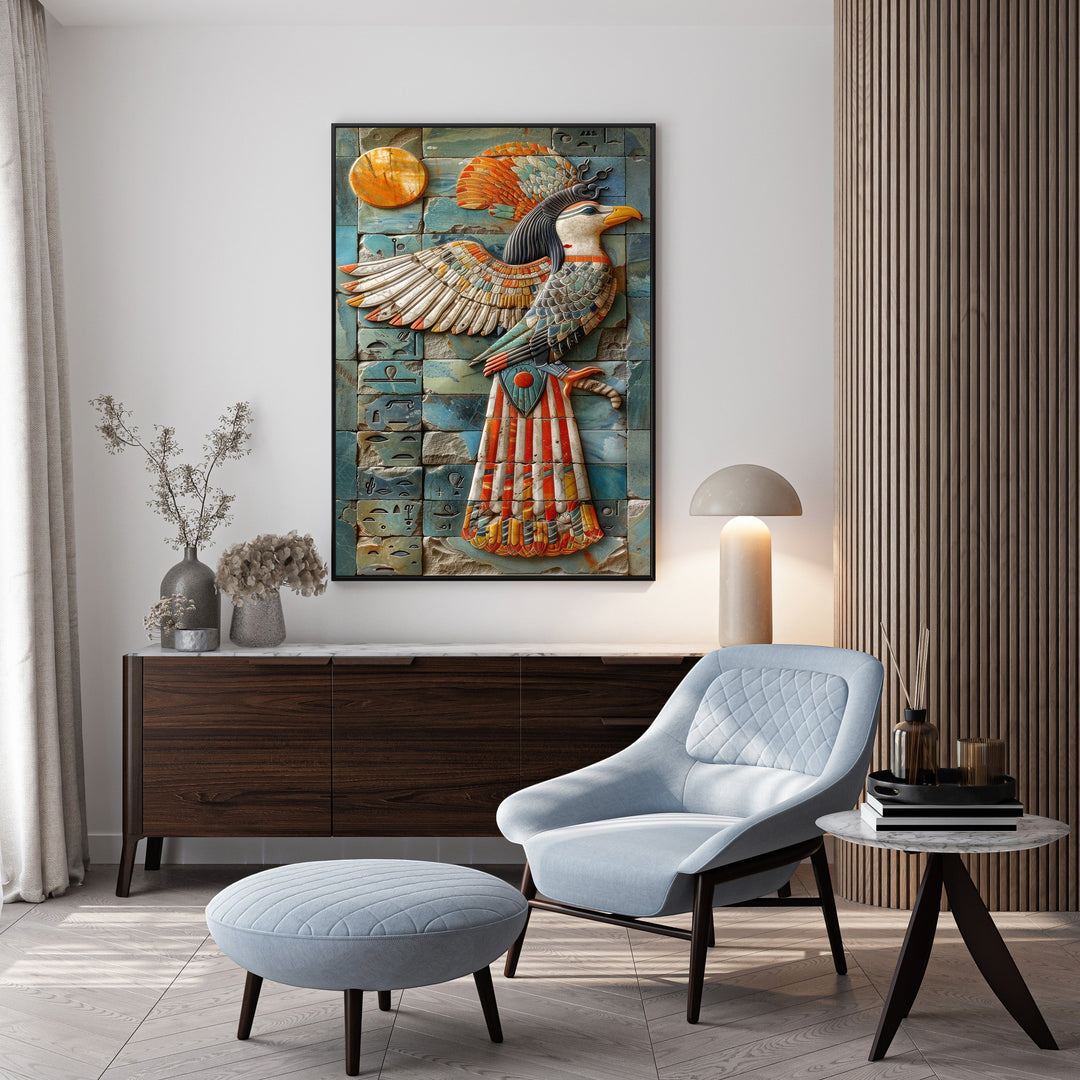 Wadi Home Ancient Egyptian winged deity wall art with textured finish, vibrant colors, and hieroglyphic details.