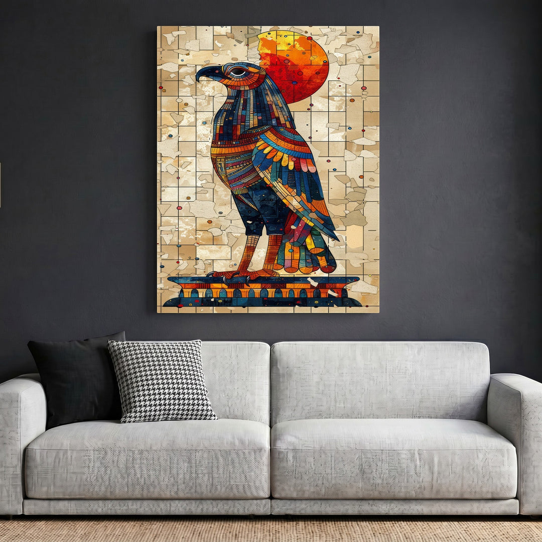 Wadi Home Ancient Egyptian style falcon wall art print featuring a mosaic design in blue and orange above a sofa.