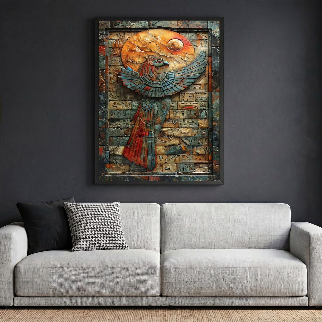 Wadi Home ancient Egyptian style relief wall art featuring a falcon motif in terracotta and blue on a grey wall.