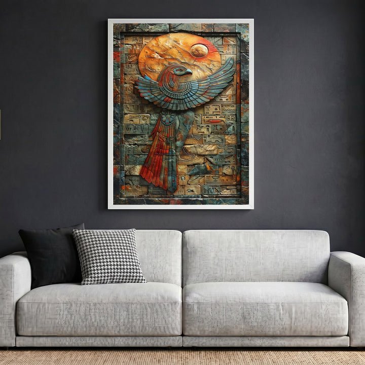 Wadi Home ancient Egyptian style wall art featuring a 3D falcon relief with terracotta and blue hieroglyphic details.