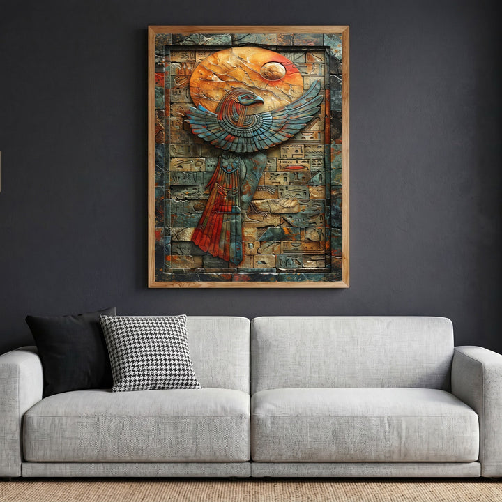Wadi Home ancient Egyptian style relief wall art featuring a falcon motif in terracotta and blue on a grey wall.