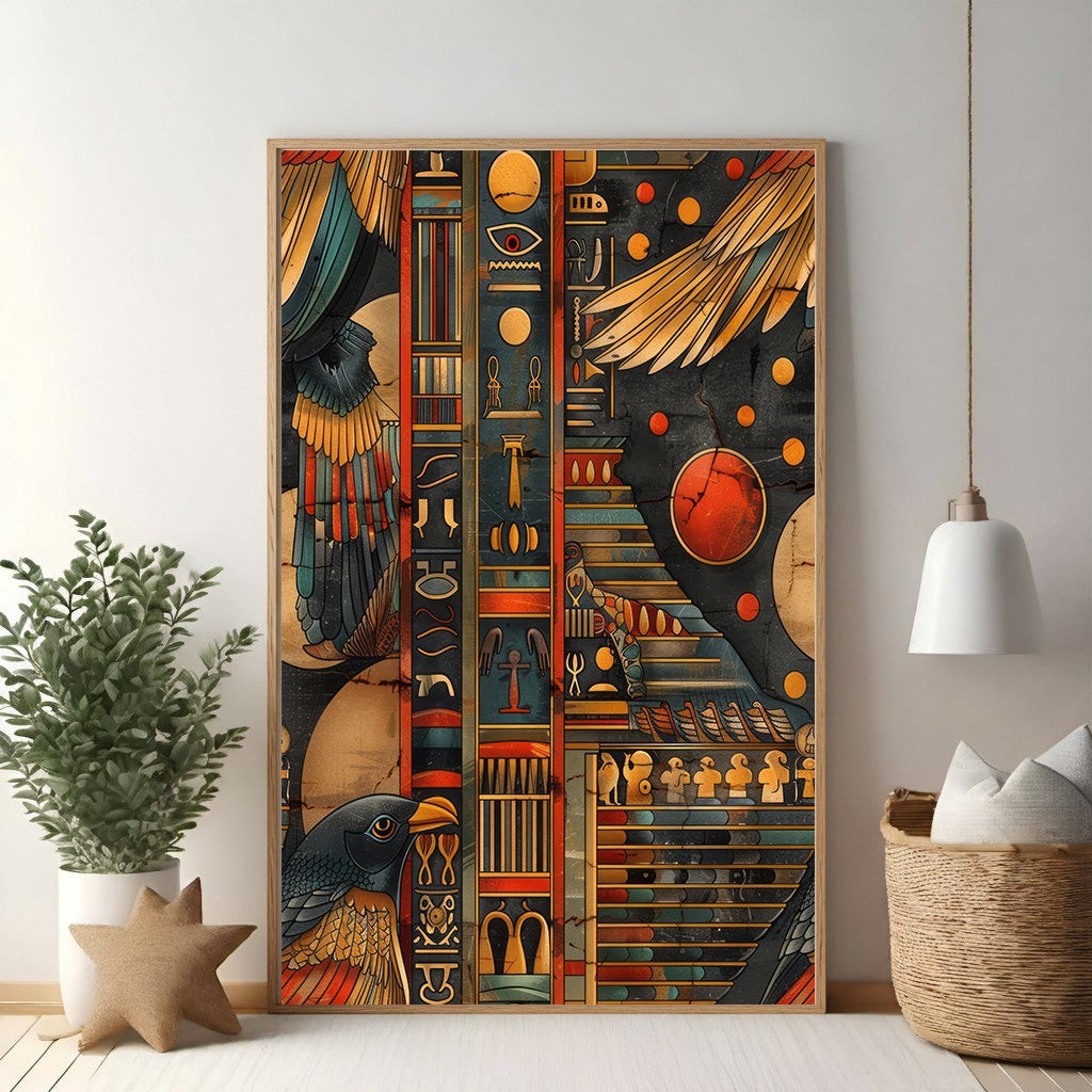 Wadi Home Ancient Egyptian Hieroglyphic Wall Art with deep blues, oranges, and gold. Features symbols and figures.