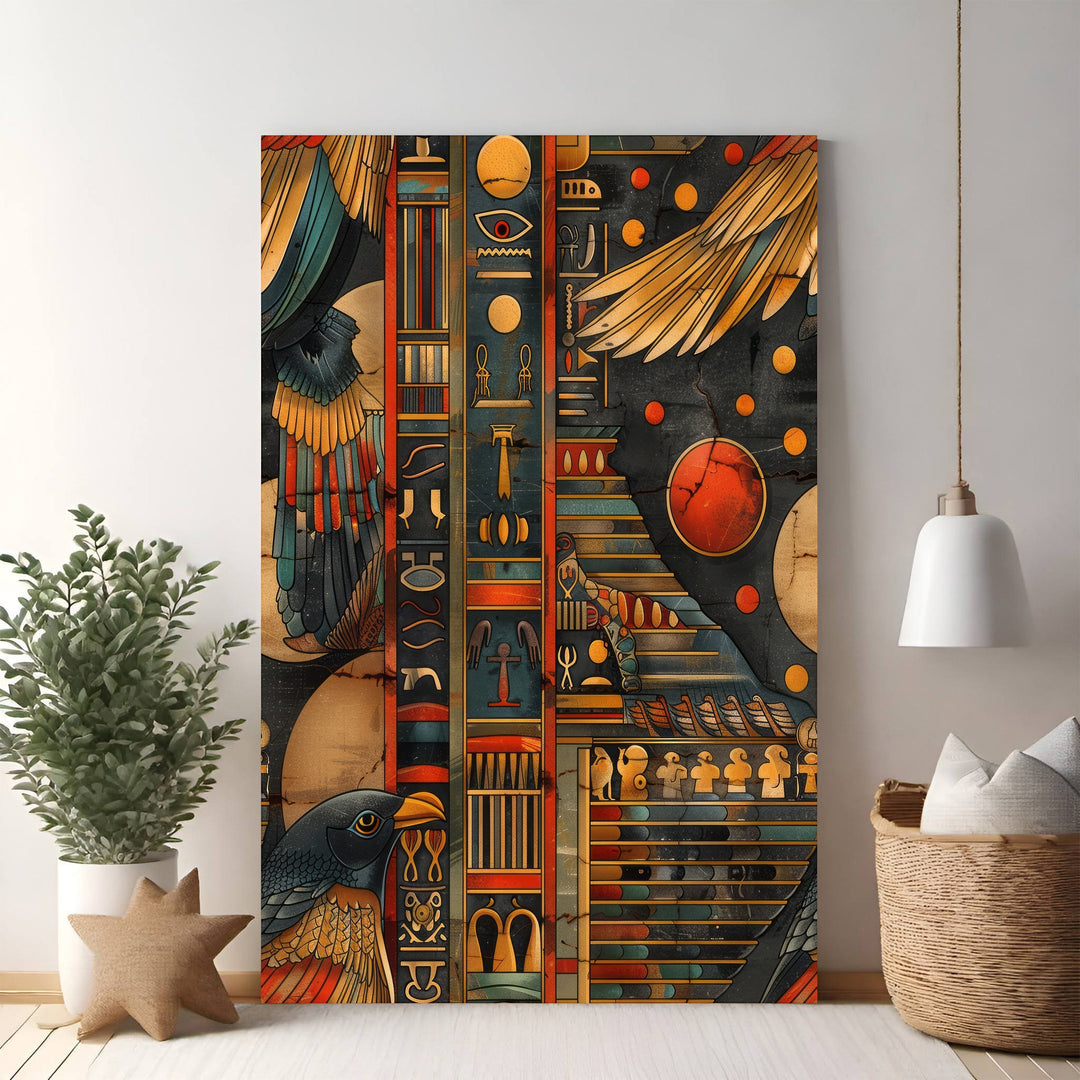 Wadi Home Ancient Egyptian Hieroglyphic Wall Art with deep blues, oranges, and gold. Features detailed symbols and imagery.