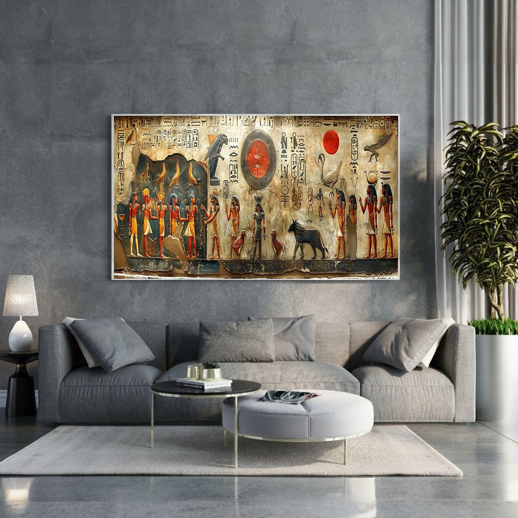 Wadi Home framed Egyptian hieroglyphics print with figures and animals in red, gold, and earth tones.