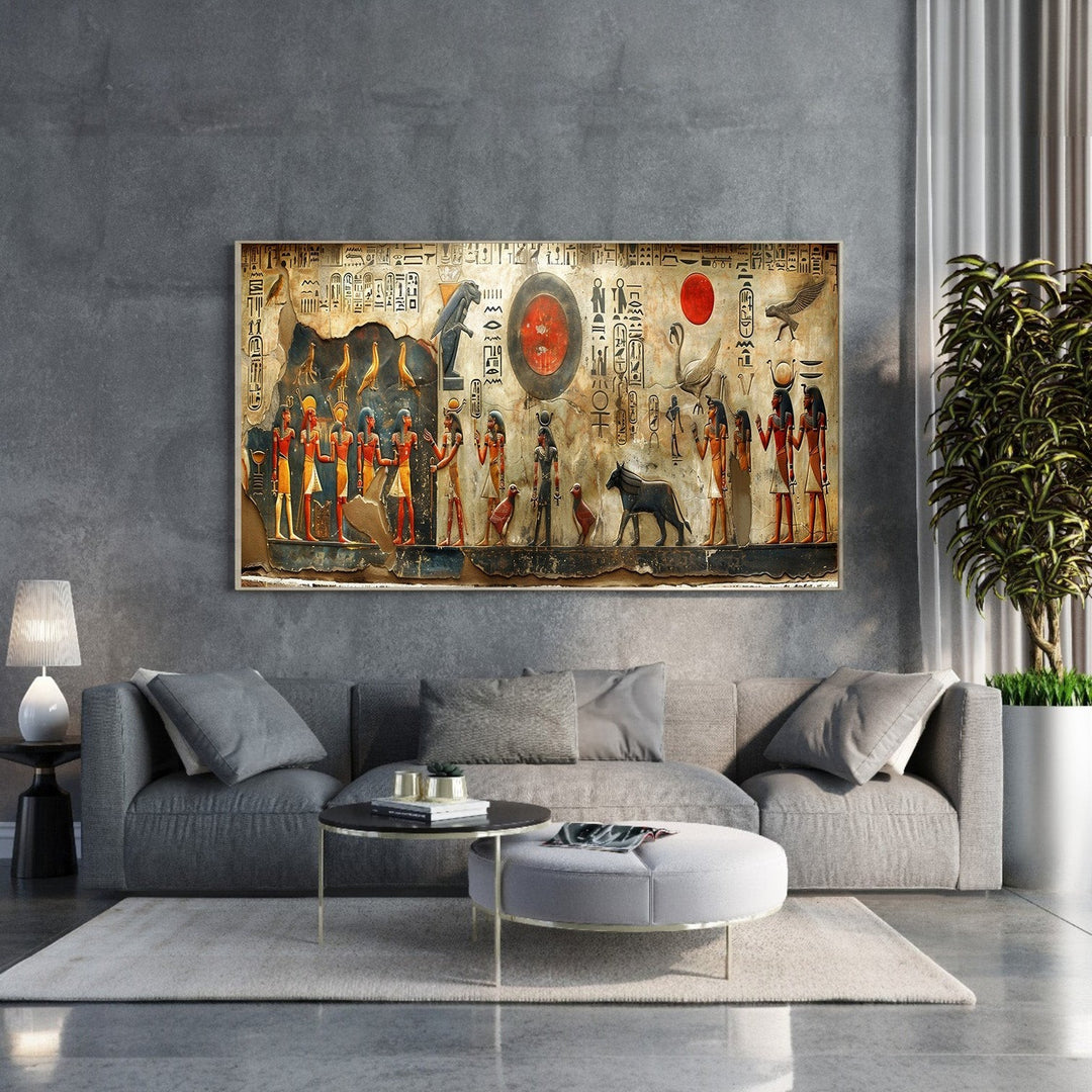 Wadi Home Egyptian hieroglyphics wall art, featuring figures and symbols in red, gold, and blue tones, framed with a glass front.