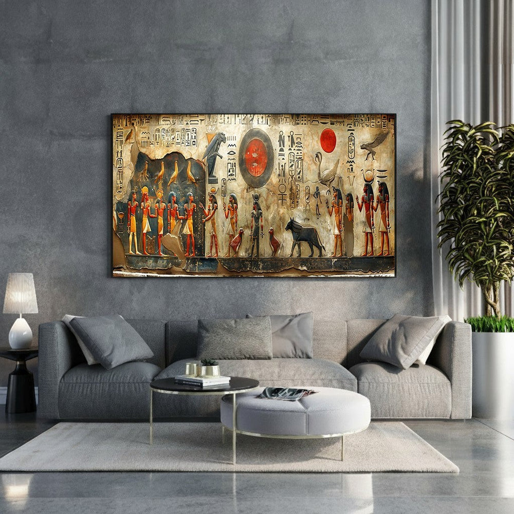 Wadi Home Egyptian hieroglyphics wall art, featuring figures and symbols in red, gold, and earth tones. Framed print.