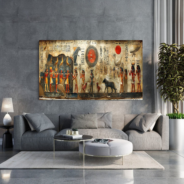 Wadi Home Egyptian hieroglyphics wall art, featuring figures and symbols in red, gold, and blue tones.