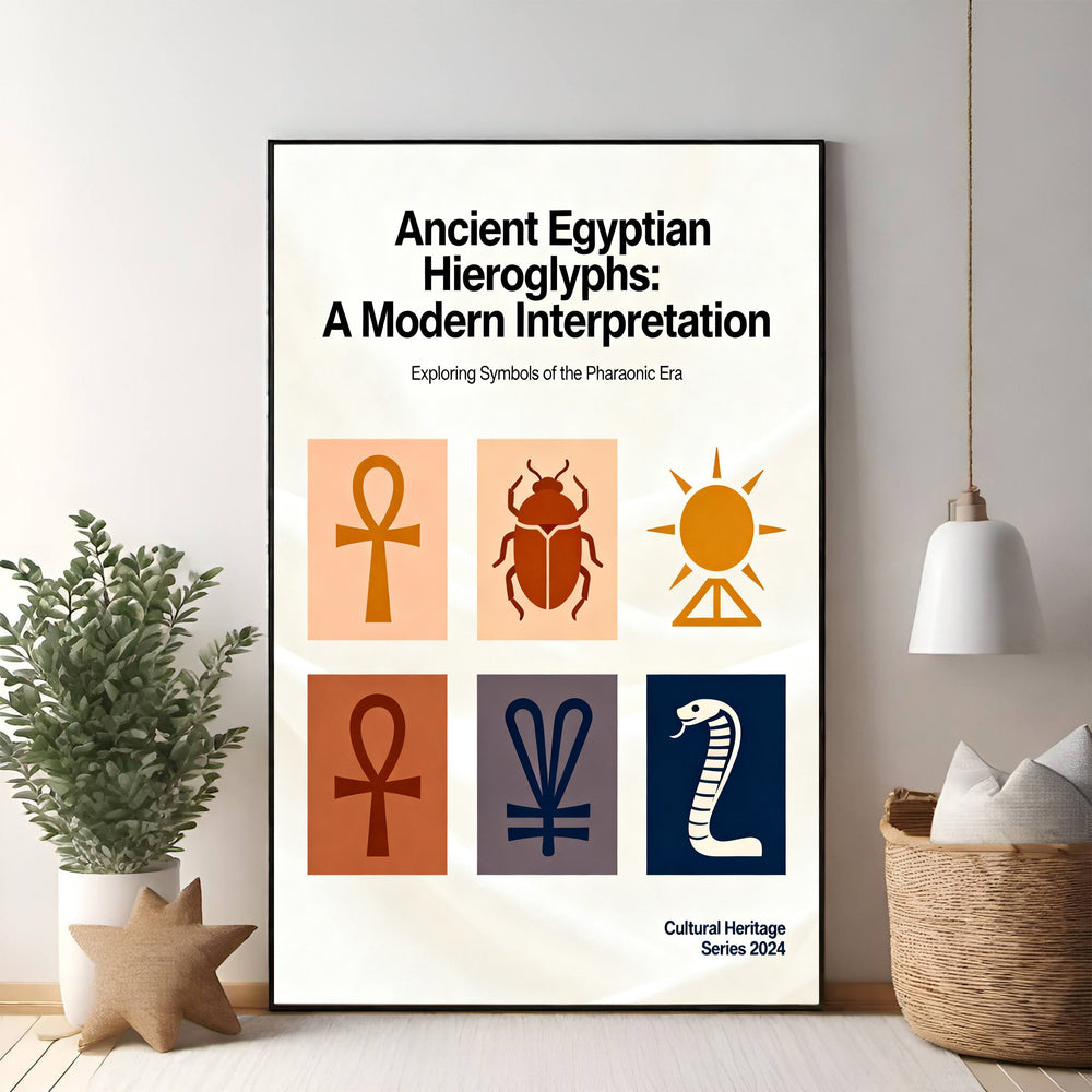 Wadi Home Ancient Egyptian Hieroglyphs: A Modern Interpretation poster featuring ankh, scarab, sun, and cobra symbols in a contemporary style.