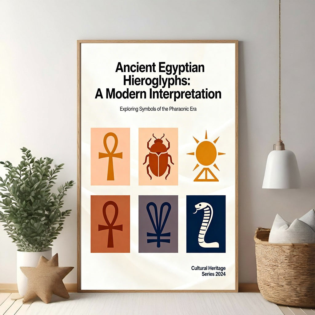 Wadi Home Ancient Egyptian hieroglyphs poster featuring ankh, scarab, sun, and cobra symbols in a modern, minimalist style.