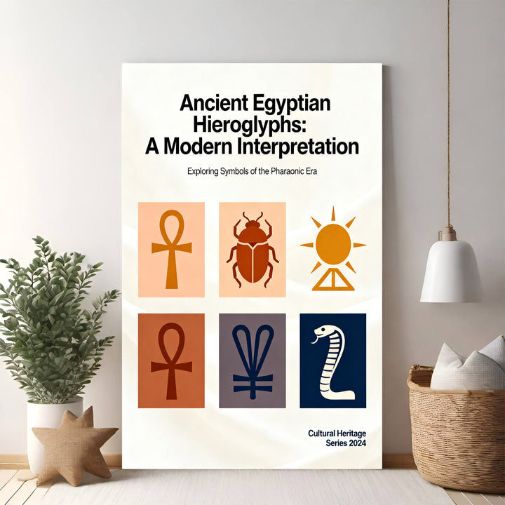 Wadi Home Ancient Egyptian hieroglyphs poster featuring ankh, scarab, sun, and cobra symbols in a modern interpretation. Beige and terracotta tones.