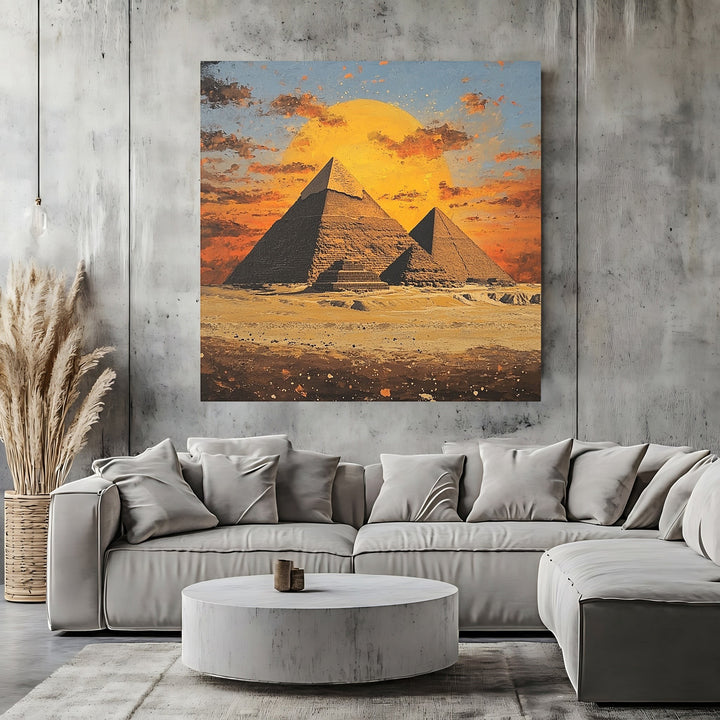 Wadi Home Egyptian pyramid wall art print featuring a vibrant sunset over the Giza desert in a modern living room.