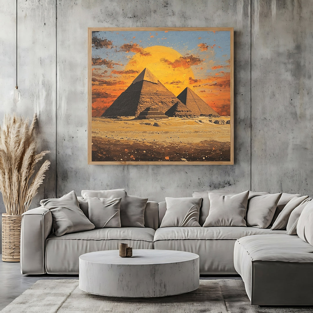 Wadi Home Egyptian pyramid wall art print featuring a vibrant sunset over the Giza desert in a modern living room.