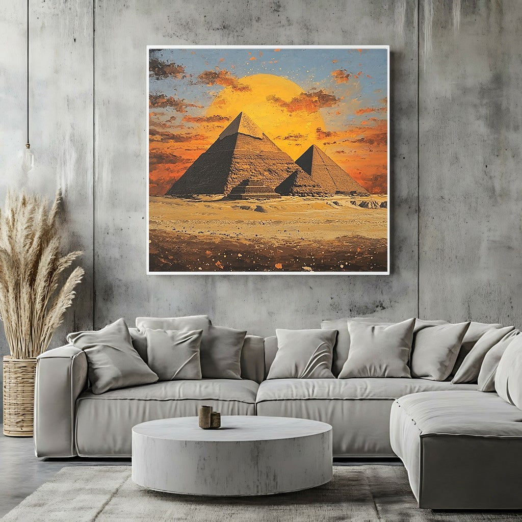 Wadi Home Egyptian pyramid landscape wall art print featuring a sunset over Giza pyramids in a modern living room.