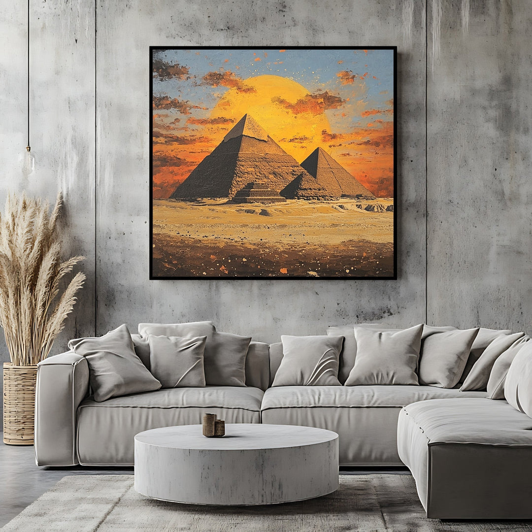 Wadi Home Egyptian pyramid wall art print featuring a sunset desert landscape with warm orange and gold tones.
