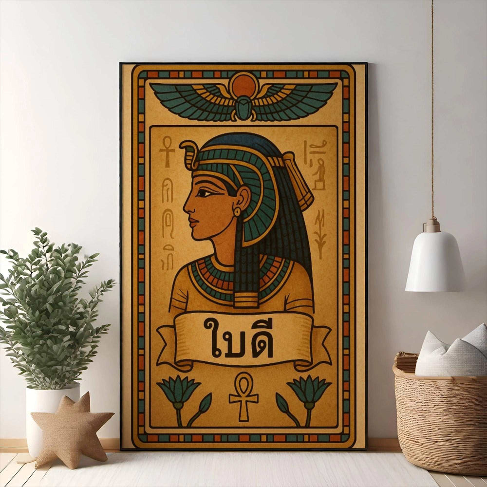 Wadi Home Egyptian queen wall art with headdress, jewelry, hieroglyphs, ankh, and lotus flowers in earthy tones.