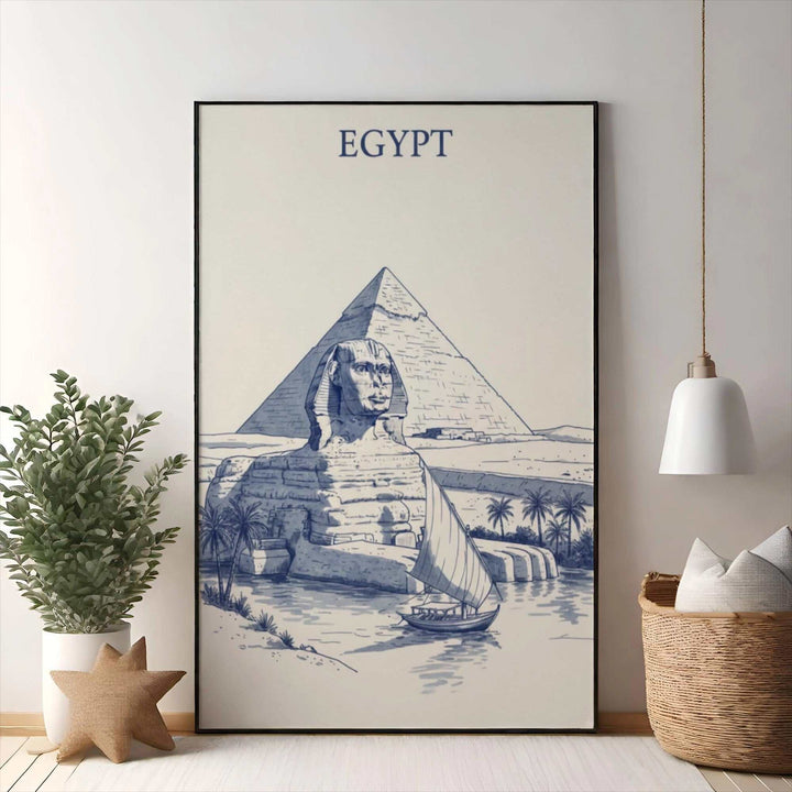 Wadi Home Egyptian Sphinx and Pyramid sketch art print in blue and white. Features Sphinx, Great Pyramid, Nile river, and felucca.