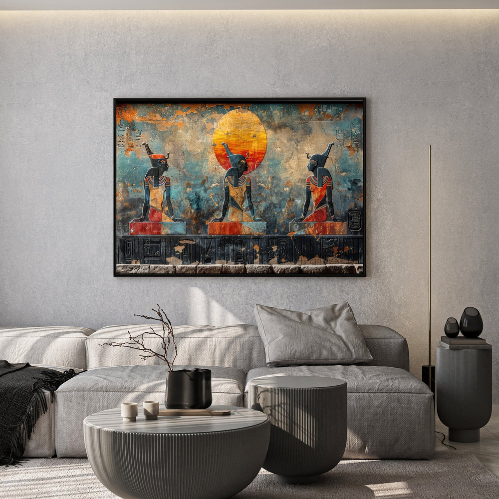 Wadi Home Ancient Egyptian wall art print featuring three regal figures in blue and orange on a modern grey sofa wall