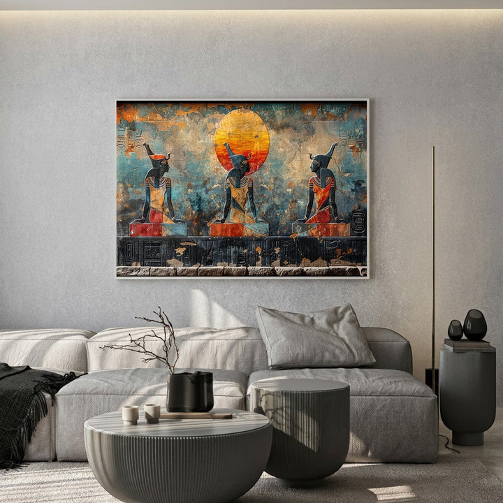 Wadi Home ancient Egyptian wall art print featuring three regal figures in blue and orange above a grey sofa.