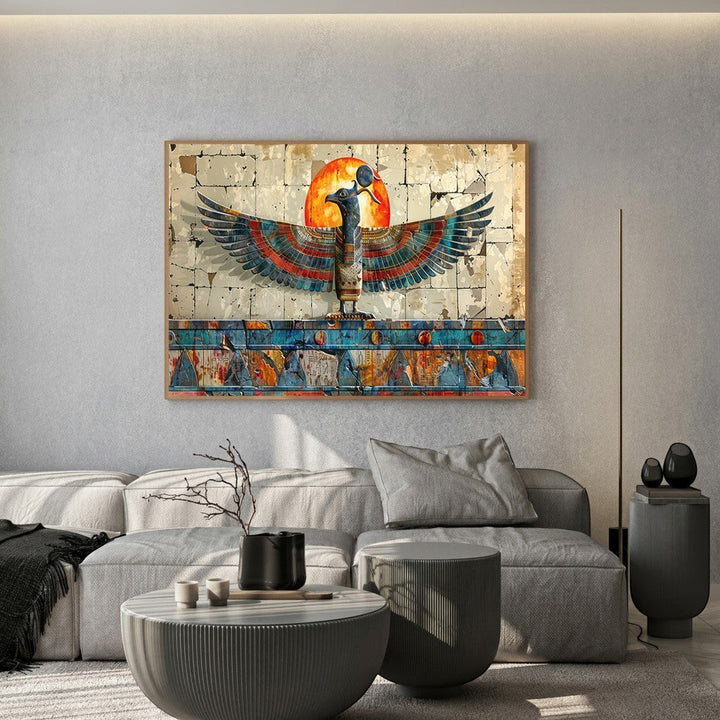 Wadi Home Ancient Egyptian style wall art featuring a winged deity and glowing sun above a modern grey sofa.