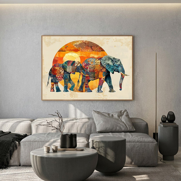 Wadi Home decorative canvas print featuring two patchwork-style elephants against a warm orange sunset background.