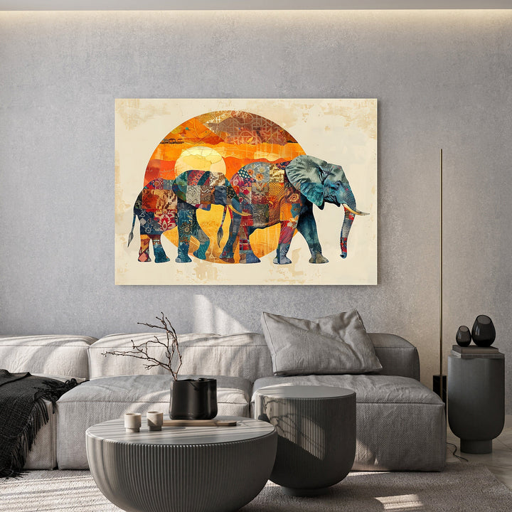 Wadi Home decorative elephant wall art canvas print featuring a vibrant patchwork design in warm orange and yellow tones.
