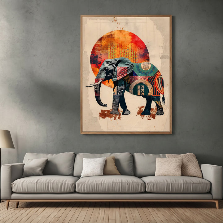 Wadi Home decorative elephant wall art print featuring vibrant geometric patterns against a warm sun-drenched backdrop.
