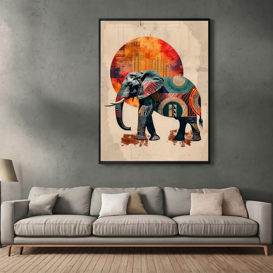 Wadi Home decorative elephant wall art print with vibrant geometric patterns on a warm sun backdrop above a grey sofa.