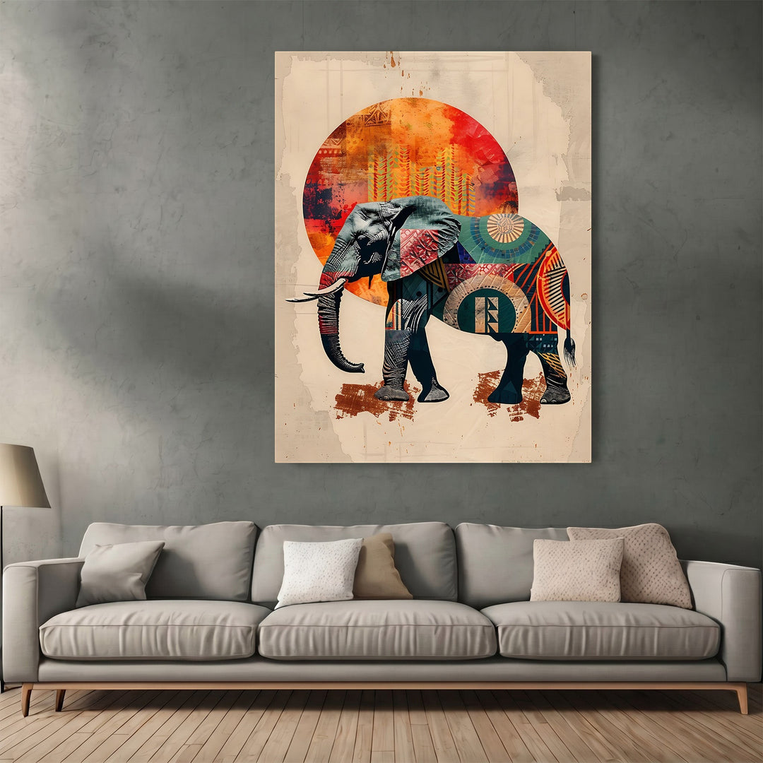Wadi Home decorative elephant wall art print with vibrant geometric patterns and sun motif above a modern sofa