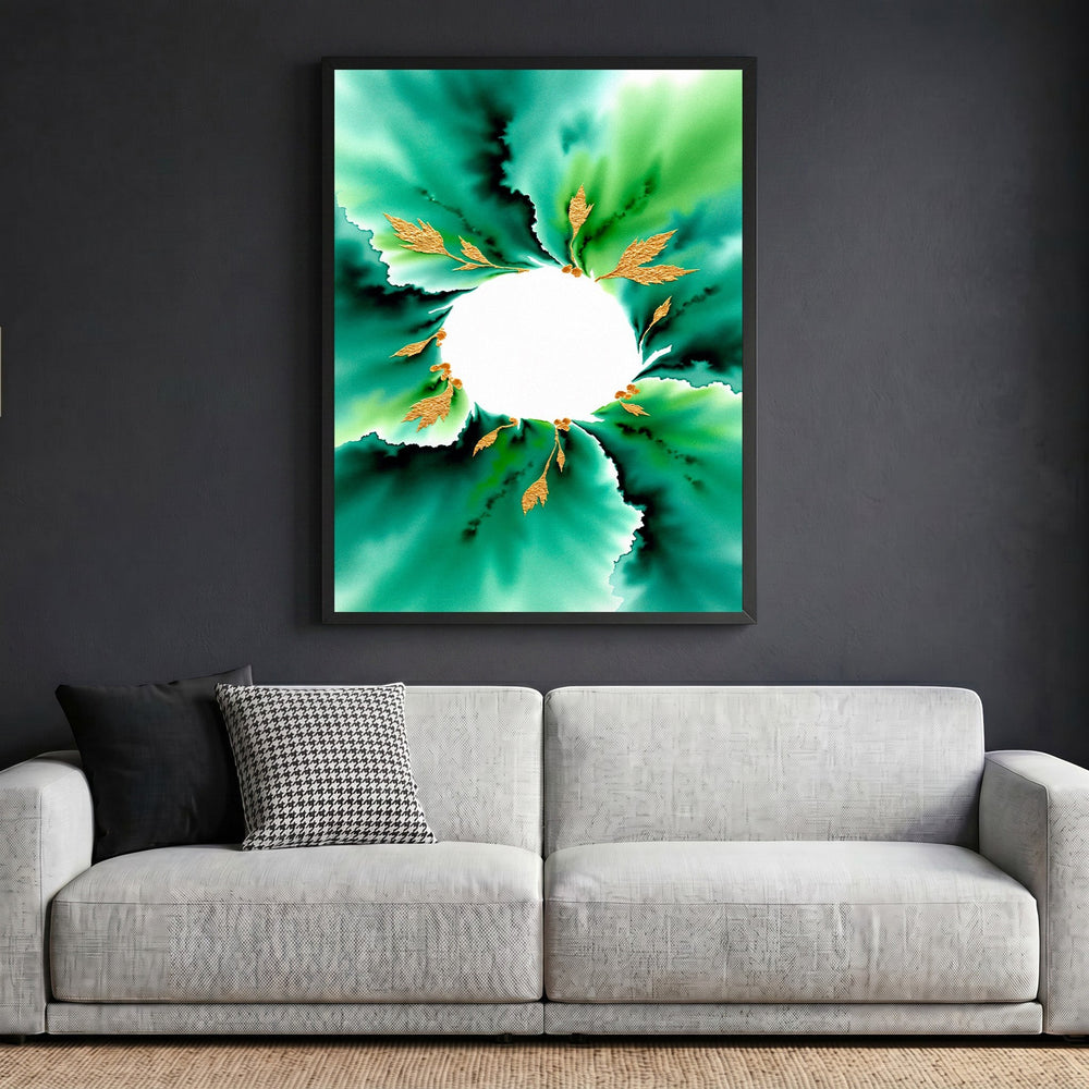 Wadi Home abstract botanical wall art with emerald green watercolor wash and gold leaf accents in a black frame.