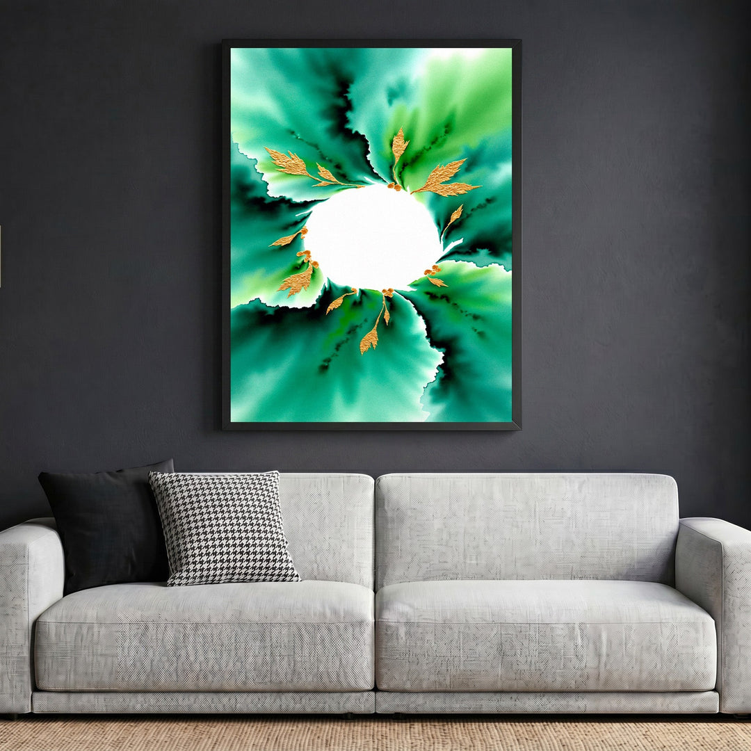 Wadi Home abstract botanical wall art with emerald green watercolor wash and gold leaf accents in a black frame.