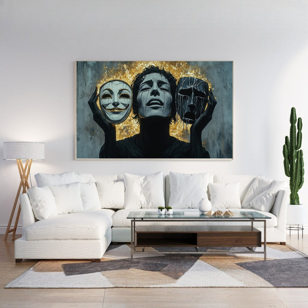 Wadi Home abstract canvas print of a person holding a smiling mask and a crying mask, symbolizing emotional duality.